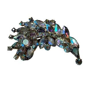 VTG Aurora Borealis Crystal Beaded Crescent Brooch Pin 3” Sparkly! Gold Tone